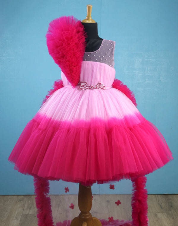 Barbie Theme  Ombre Frock With Frill Detailing On The Shoulder and Dark Pink Trail