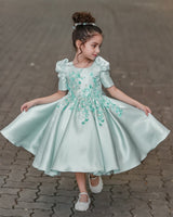 Pastel Aqua Blue Elegant Dress Highlighted With Handcrafted Flowers.