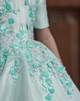 Pastel Aqua Blue Elegant Dress Highlighted With Handcrafted Flowers.