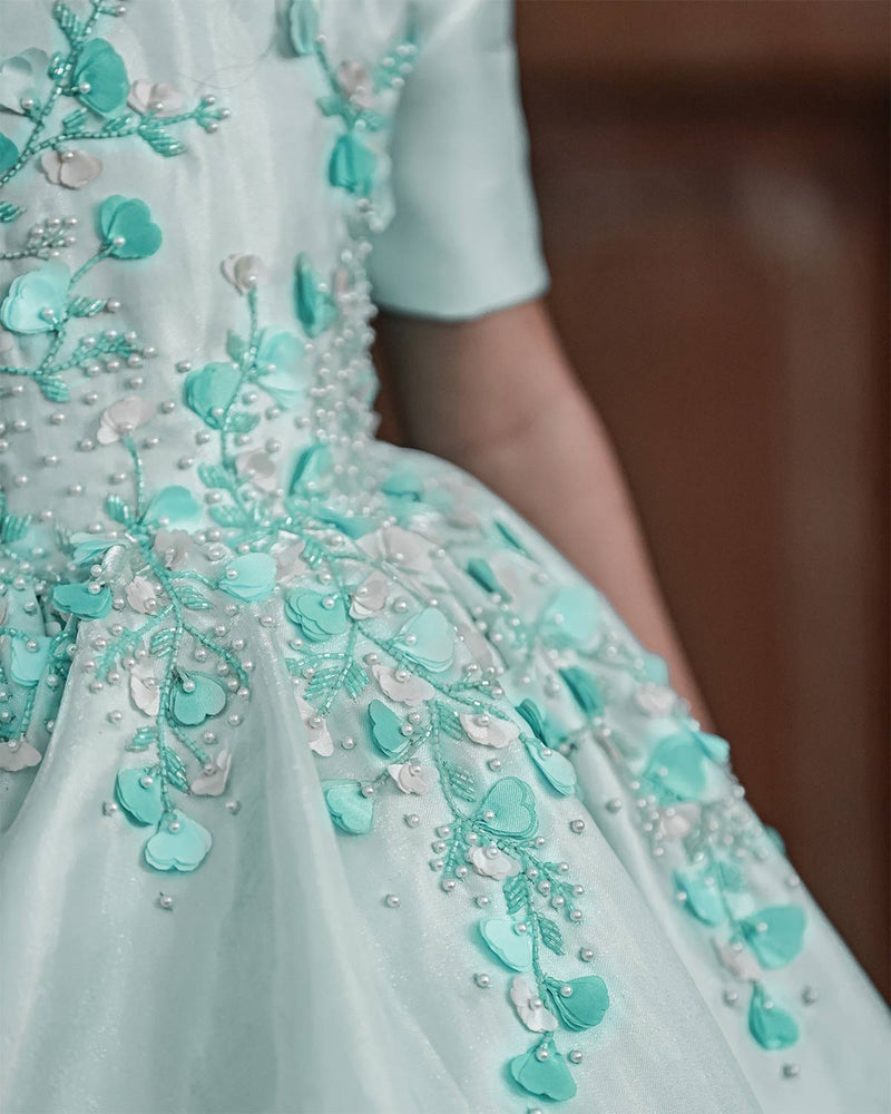 Pastel Aqua Blue Elegant Dress Highlighted With Handcrafted Flowers. –  www.liandli.in