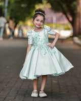 Pastel Aqua Blue Elegant Dress Highlighted With Handcrafted Flowers.