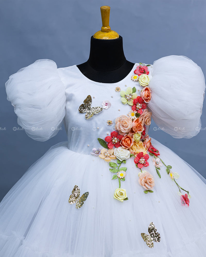 White Fairy Tale Dress Highlighted with Flowers & Butterflies