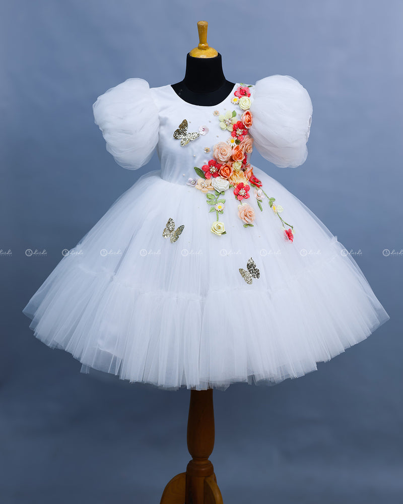 White Fairy Tale Dress Highlighted with Flowers & Butterflies