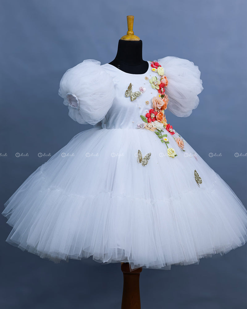 White Fairy Tale Dress Highlighted with Flowers & Butterflies