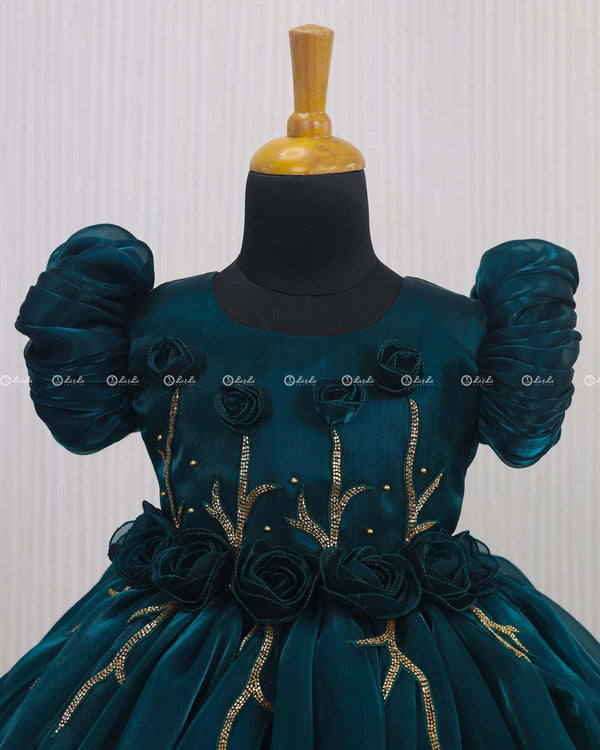 Teal Green Balloon Gown with Handcrafted Rose Embellishment.