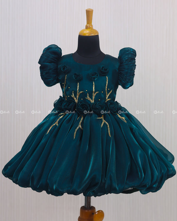 Teal Green Balloon Gown with Handcrafted Rose Embellishment.