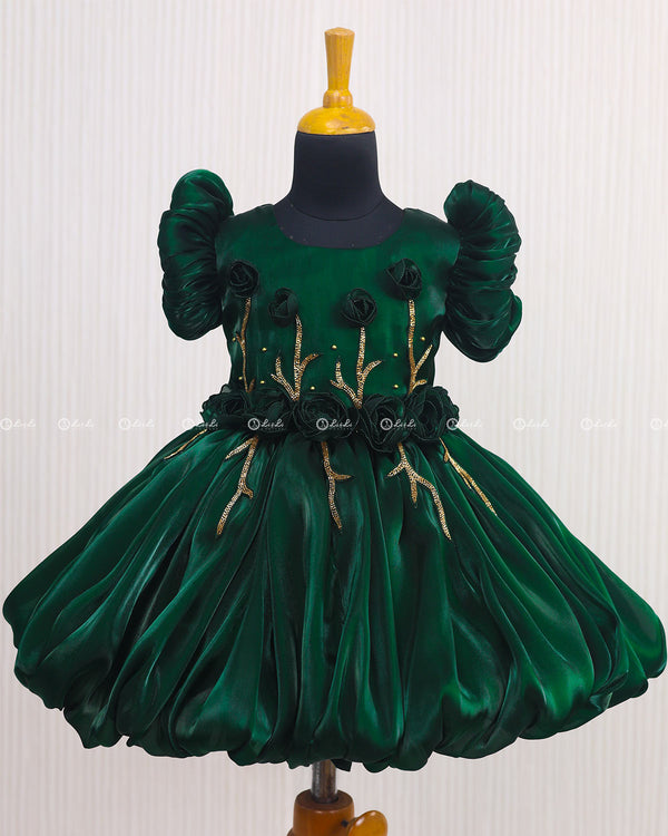 Dark Green Balloon Gown with Handcrafted Rose Embellishment.