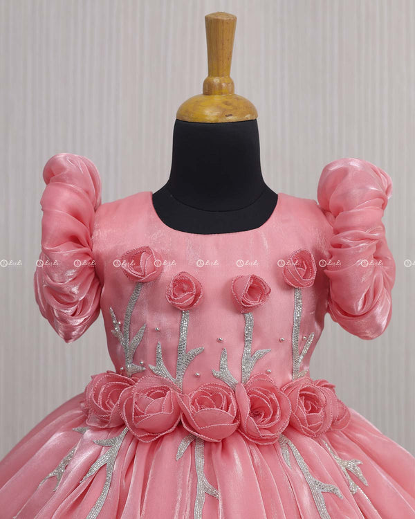 Peach Balloon Gown with Handcrafted Rose Embellishment.