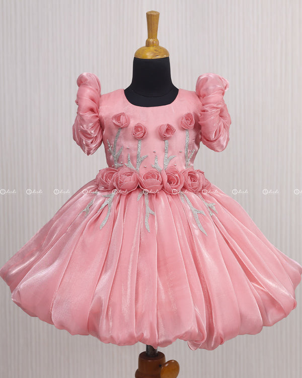 Peach Balloon Gown with Handcrafted Rose Embellishment.