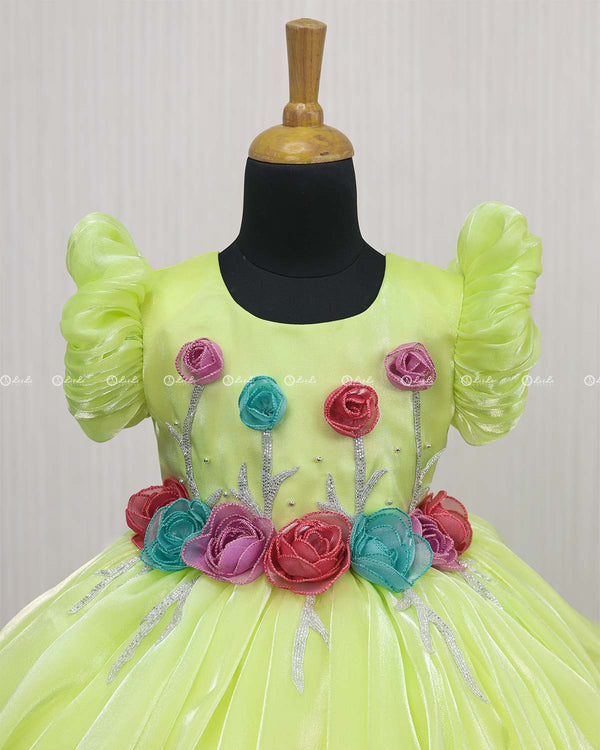 Baby Green Balloon Gown with Handcrafted Rose Embellishment.