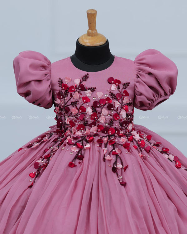 Dusty Rose  Elegant Dress Highlighted With Handcrafted Flowers.