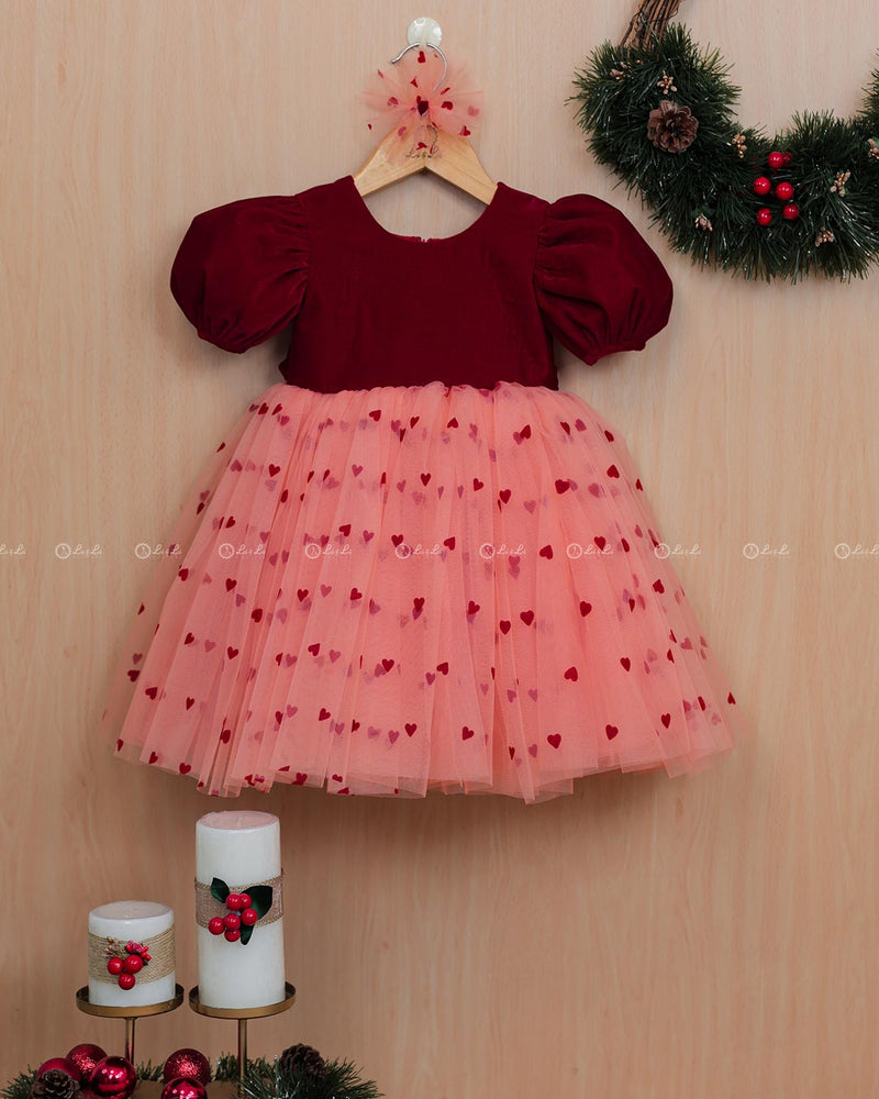 Peach & Red Heart  Theme Simple Frock.