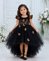 Net Sleeveless High-Low Honeybee themed yoke Knee-Length Gown - Black(New)