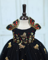 Net Sleeveless High-Low Honeybee themed yoke Knee-Length Gown - Black(New)