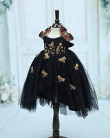 Net Sleeveless High-Low Honeybee themed yoke Knee-Length Gown - Black(New)