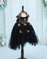 Net Sleeveless High-Low Honeybee themed yoke Knee-Length Gown - Black(New)
