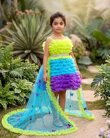 Lime Green Sky blue and Purple Combo Frilled Frock with Beaded Belt