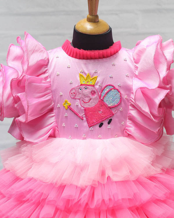 Peppa Pig Theme Multi Color Frilled Gown With Top Handwork