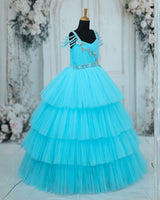 Net Sleeveless Beaded-Shoulder Layered Princess Full-Length Gown with Floral Patches  - Sky Blue (New)