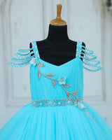 Net Sleeveless Beaded-Shoulder Layered Princess Full-Length Gown with Floral Patches  - Sky Blue (New)
