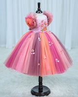 Net Frill Sleeve Multicolour Floral Full Gown -Rose & Peach(New)