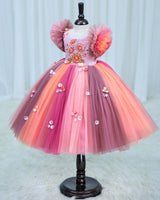 Net Frill Sleeve Multicolour Floral Full Gown -Rose & Peach(New)