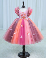 Net Frill Sleeve Multicolour Floral Full Gown -Rose & Peach(New)