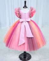 Net Frill Sleeve Multicolour Floral Full Gown -Rose & Peach(New)