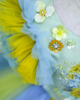 Net Frill Sleeve Multicolour Floral Full Gown -Yellow & Blue(New)