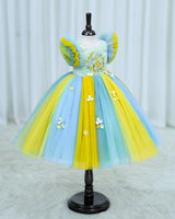 Net Frill Sleeve Multicolour Floral Full Gown -Yellow & Blue(New)