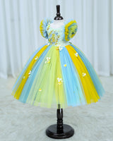 Net Frill Sleeve Multicolour Floral Full Gown -Yellow & Blue(New)