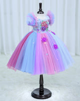 Net Frill Sleeve Multicolour Floral Full Gown - Blue & Lavender(New)