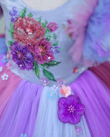 Net Frill Sleeve Multicolour Floral Full Gown - Blue & Lavender(New)