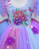 Net Frill Sleeve Multicolour Floral Full Gown - Blue & Lavender(New)