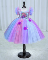Net Frill Sleeve Multicolour Floral Full Gown - Blue & Lavender(New)