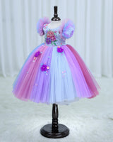 Net Frill Sleeve Multicolour Floral Full Gown - Blue & Lavender(New)