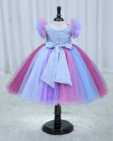 Net Frill Sleeve Multicolour Floral Full Gown - Blue & Lavender(New)