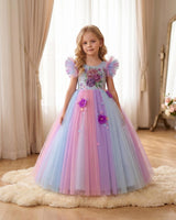 Net Frill Sleeve Multicolour Floral Full Gown - Blue & Lavender(New)