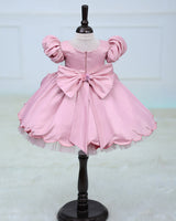 Imported Satin Puff Sleeve Aari & 3D Floral Embellished Floral, Bow & Butterfly Theme Full Length Gown - Onion Pink(New)