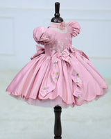 Imported Satin Puff Sleeve Aari & 3D Floral Embellished Floral, Bow & Butterfly Theme Full Length Gown - Onion Pink(New)