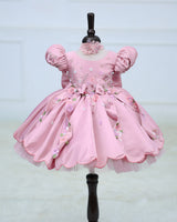 Imported Satin Puff Sleeve Aari & 3D Floral Embellished Floral, Bow & Butterfly Theme Full Length Gown - Onion Pink(New)