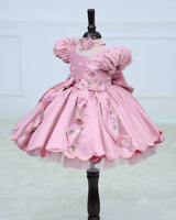 Imported Satin Puff Sleeve Aari & 3D Floral Embellished Floral, Bow & Butterfly Theme Full Length Gown - Onion Pink(New)