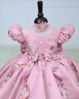 Imported Satin Puff Sleeve Aari & 3D Floral Embellished Floral, Bow & Butterfly Theme Full Length Gown - Onion Pink(New)