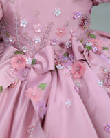 Imported Satin Puff Sleeve Aari & 3D Floral Embellished Floral, Bow & Butterfly Theme Full Length Gown - Onion Pink(New)