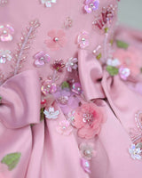 Imported Satin Puff Sleeve Aari & 3D Floral Embellished Floral, Bow & Butterfly Theme Full Length Gown - Onion Pink(New)