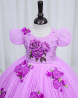 Net Puff Sleeve Embroidery Flower and Leaf Floral Full Gown - Lavender Pink(New)
