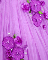 Net Puff Sleeve Embroidery Flower and Leaf Floral Full Gown - Lavender Pink(New)