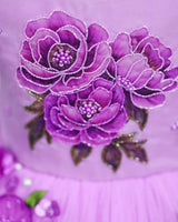 Net Puff Sleeve Embroidery Flower and Leaf Floral Full Gown - Lavender Pink(New)