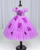 Net Puff Sleeve Embroidery Flower and Leaf Floral Full Gown - Lavender Pink(New)