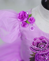 Net Puff Sleeve Embroidery Flower and Leaf Floral Full Gown - Lavender Pink(New)